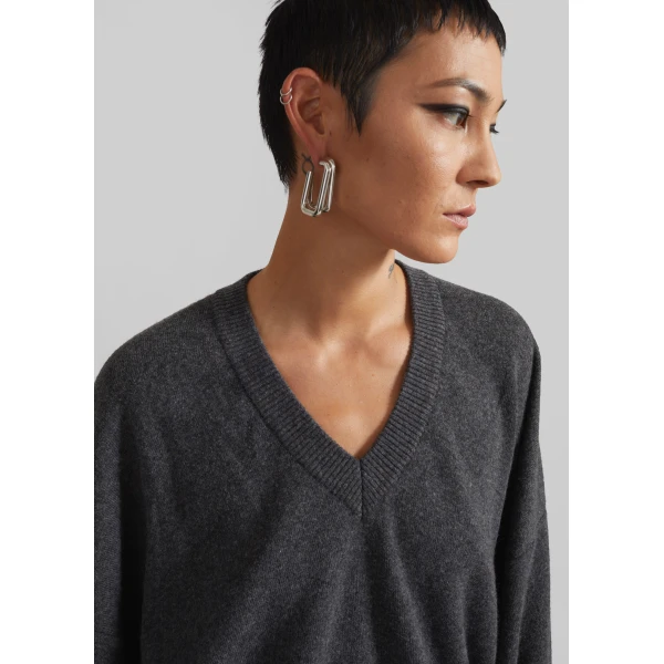 The Frankie Shop Ilston V-Neck Sweater - Grey - Oversized Minimalist Knitwear in Grey - Shop at Luxury Shoes 