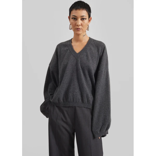 The Frankie Shop Ilston V-Neck Sweater - Grey - Oversized Minimalist Knitwear in Grey - Shop at Luxury Shoes 