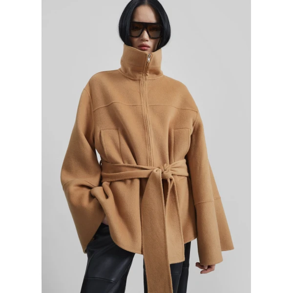 The Frankie Shop Imphal Belted Wool Jacket - Camel - Oversized Minimalist Jackets in Beige - Shop at Luxury Shoes 
