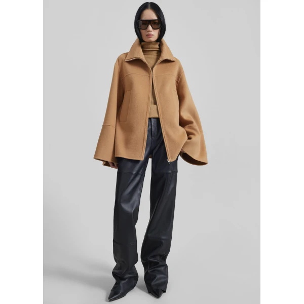 The Frankie Shop Imphal Belted Wool Jacket - Camel - Oversized Minimalist Jackets in Beige - Shop at Luxury Shoes 