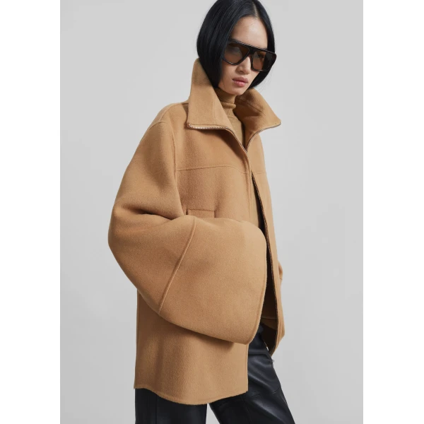 The Frankie Shop Imphal Belted Wool Jacket - Camel - Oversized Minimalist Jackets in Beige - Shop at Luxury Shoes 