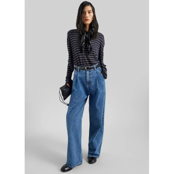 The Frankie Shop Isabella Denim Pants - Medium Wash - Oversized Minimalist Pants in Grey - Shop at Luxury Shoes 