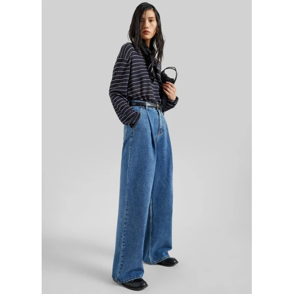 The Frankie Shop Isabella Denim Pants - Medium Wash - Oversized Minimalist Pants in Grey - Shop at Luxury Shoes 