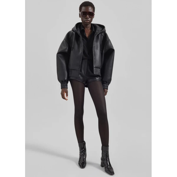 The Frankie Shop Jackson Faux Leather Bonded Bomber - Black - Oversized Minimalist Jackets in Black - Shop at Luxury Shoes 