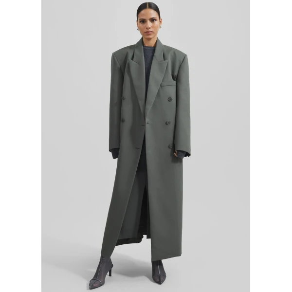 The Frankie Shop Jane Long Coat - Light Khaki - Oversized Minimalist Coats in Green - Shop at Luxury Shoes 