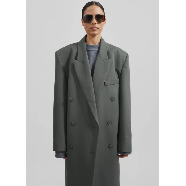 The Frankie Shop Jane Long Coat - Light Khaki - Oversized Minimalist Coats in Green - Shop at Luxury Shoes 