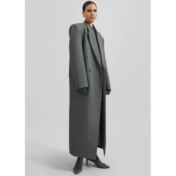 The Frankie Shop Jane Long Coat - Light Khaki - Oversized Minimalist Coats in Green - Shop at Luxury Shoes 