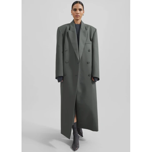 The Frankie Shop Jane Long Coat - Light Khaki - Oversized Minimalist Coats in Green - Shop at Luxury Shoes 