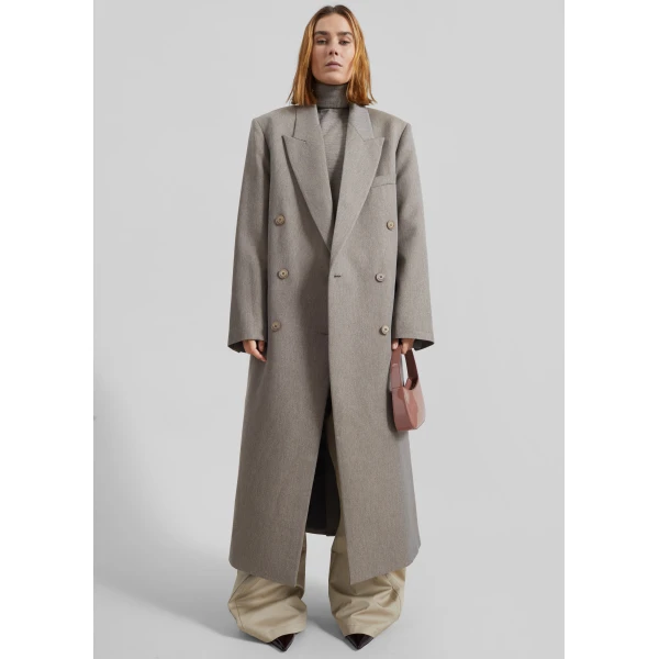 The Frankie Shop Jane Long Coat - Taupe Melange - Oversized Minimalist Coats in Beige - Shop at Luxury Shoes 
