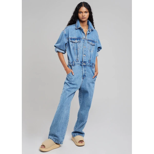 The Frankie Shop Jas Denim Jumpsuit - Dark Indigo - Oversized Minimalist Jumpsuit in Blue - Shop at Luxury Shoes 