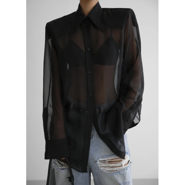 The Frankie Shop Jolene Semi Sheer Shirt - Black - Oversized Minimalist Tops in Black - Shop at Luxury Shoes 