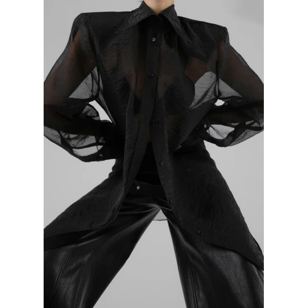 The Frankie Shop Jolene Semi Sheer Shirt - Black - Oversized Minimalist Tops in Black - Shop at Luxury Shoes 