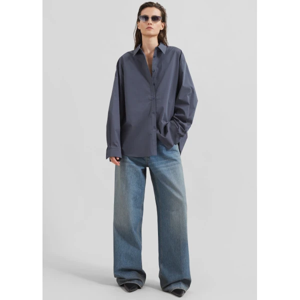 The Frankie Shop Kae Back Slit Button Up Shirt - Charcoal - Oversized Minimalist Tops in Grey - Shop at Luxury Shoes 