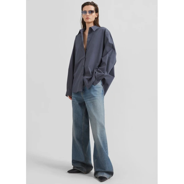 The Frankie Shop Kae Back Slit Button Up Shirt - Charcoal - Oversized Minimalist Tops in Grey - Shop at Luxury Shoes 