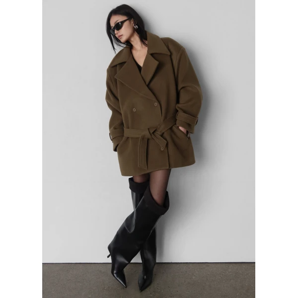 The Frankie Shop Kalmar Wool Peacoat - Pale Olive - Oversized Minimalist Coats in Green - Shop at Luxury Shoes 