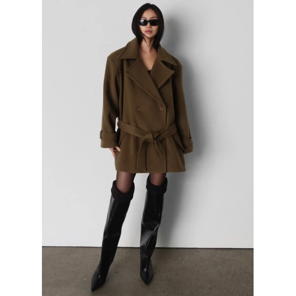 The Frankie Shop Kalmar Wool Peacoat - Pale Olive - Oversized Minimalist Coats in Green - Shop at Luxury Shoes 