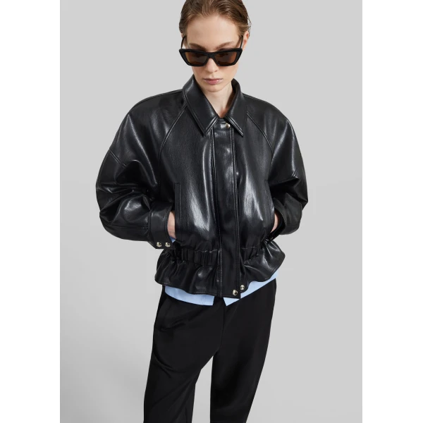 The Frankie Shop Kalsta Faux Leather Peplum Jacket - Black - Oversized Minimalist Jackets in Black - Shop at Luxury Shoes 