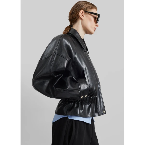 The Frankie Shop Kalsta Faux Leather Peplum Jacket - Black - Oversized Minimalist Jackets in Black - Shop at Luxury Shoes 