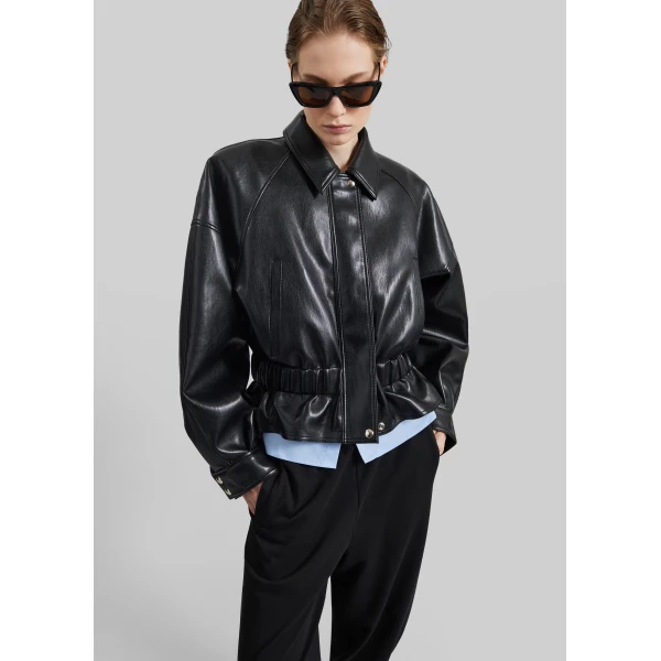 The Frankie Shop Kalsta Faux Leather Peplum Jacket - Black - Oversized Minimalist Jackets in Black - Shop at Luxury Shoes 