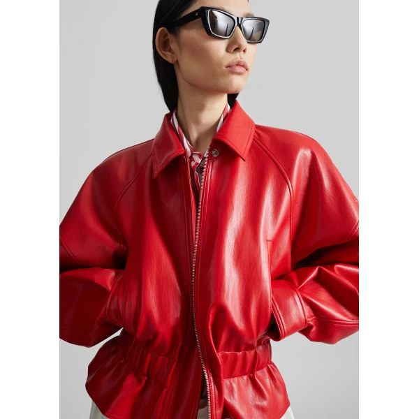 The Frankie Shop Kalsta Faux Leather Peplum Jacket - Red - Oversized Minimalist Jackets in Red - Shop at Luxury Shoes 