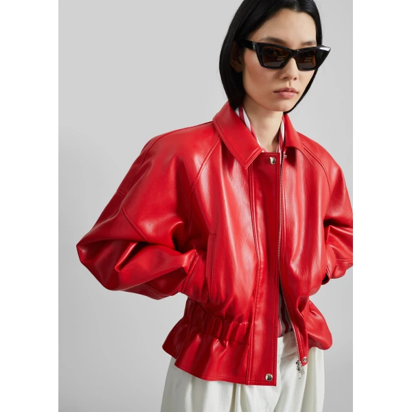 The Frankie Shop Kalsta Faux Leather Peplum Jacket - Red - Oversized Minimalist Jackets in Red - Shop at Luxury Shoes 
