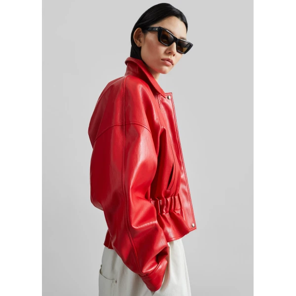 The Frankie Shop Kalsta Faux Leather Peplum Jacket - Red - Oversized Minimalist Jackets in Red - Shop at Luxury Shoes 
