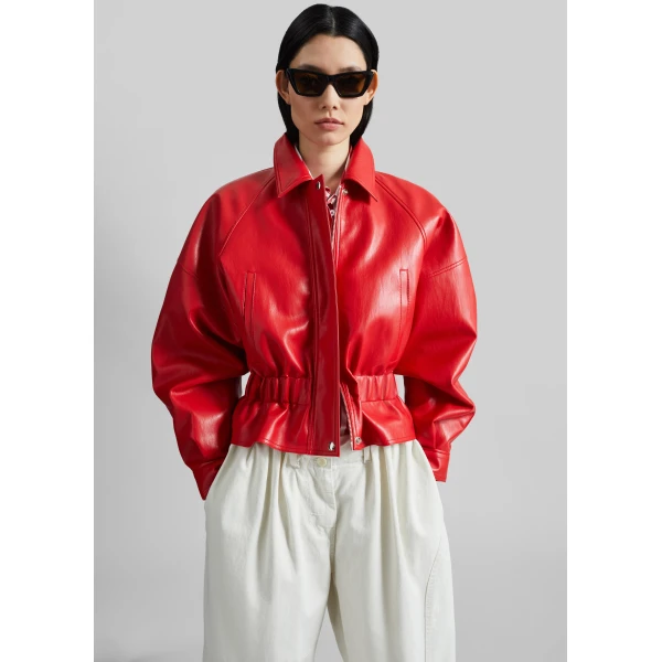 The Frankie Shop Kalsta Faux Leather Peplum Jacket - Red - Oversized Minimalist Jackets in Red - Shop at Luxury Shoes 