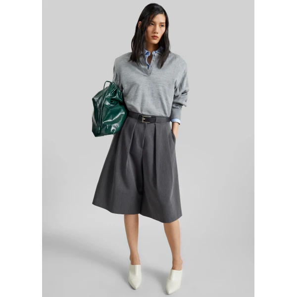 The Frankie Shop Kalvo Belted Bermuda Shorts - Dark Grey - Oversized Minimalist Shorts in Grey - Shop at Luxury Shoes 