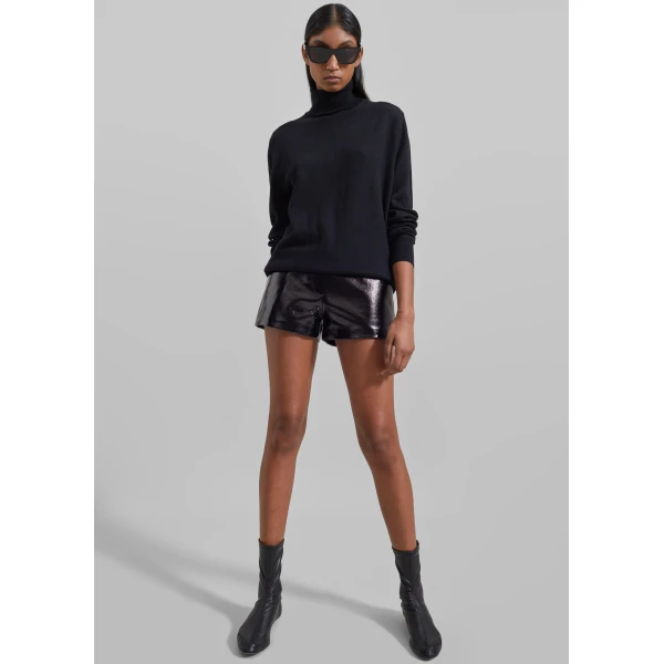 The Frankie Shop Kate Crackled Faux Leather Mini Shorts - Black - Oversized Minimalist Shorts in Black - Shop at Luxury Shoes 