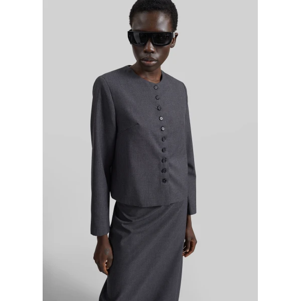 The Frankie Shop Katya Button-Up Boxy Top - Dark Grey Melange - Oversized Minimalist Tops in Grey - Shop at Luxury Shoes 