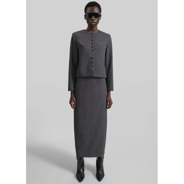 The Frankie Shop Katya Button-Up Boxy Top - Dark Grey Melange - Oversized Minimalist Tops in Grey - Shop at Luxury Shoes 