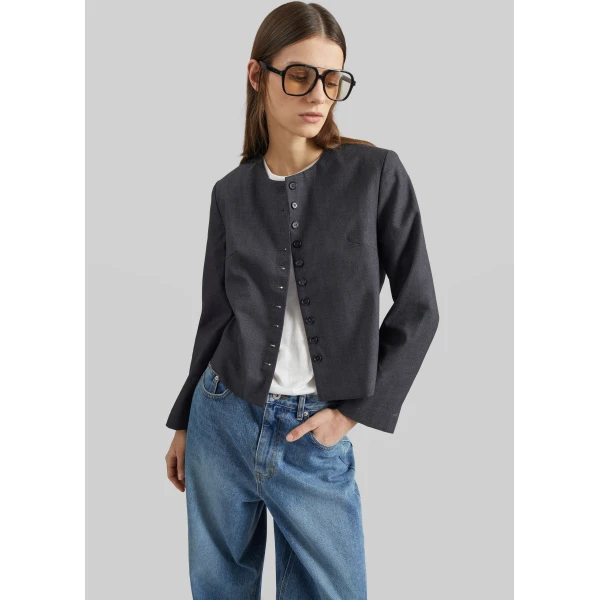 The Frankie Shop Katya Button-Up Boxy Top - Dark Grey Melange - Oversized Minimalist Tops in Grey - Shop at Luxury Shoes 