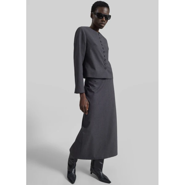 The Frankie Shop Katya Button-Up Boxy Top - Dark Grey Melange - Oversized Minimalist Tops in Grey - Shop at Luxury Shoes 