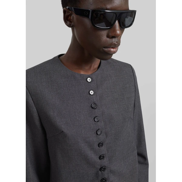 The Frankie Shop Katya Button-Up Boxy Top - Dark Grey Melange - Oversized Minimalist Tops in Grey - Shop at Luxury Shoes 