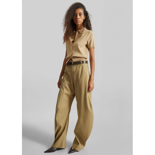 The Frankie Shop Keasden Barrel Leg Trousers - Camel - Oversized Minimalist Pants in Beige - Shop at Luxury Shoes 