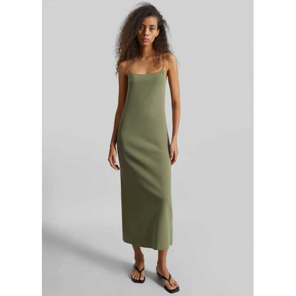The Frankie Shop Keira Knit Midi Dress - Khaki Brown - Oversized Minimalist Dresses in Beige - Shop at Luxury Shoes 