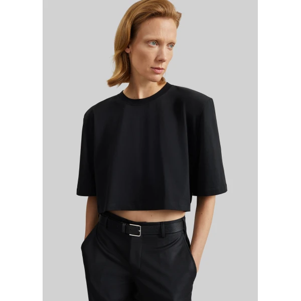 The Frankie Shop Kelan Padded Cropped Tee - Black - Oversized Minimalist Tops in Black - Shop at Luxury Shoes 