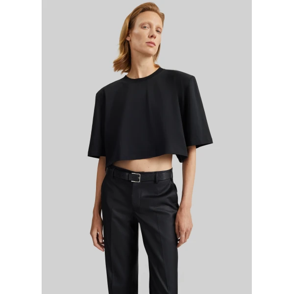 The Frankie Shop Kelan Padded Cropped Tee - Black - Oversized Minimalist Tops in Black - Shop at Luxury Shoes 