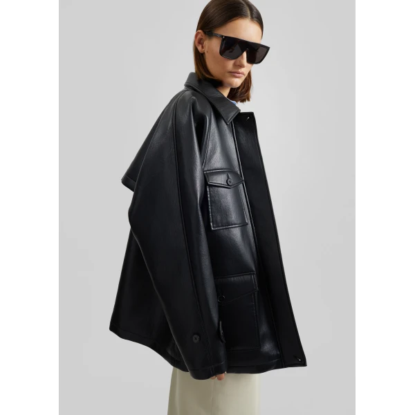 The Frankie Shop Kelia Faux Leather Padded Utility Jacket - Black - Oversized Minimalist Jackets in Black - Shop at Luxury Shoes 
