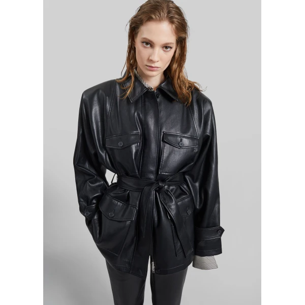 The Frankie Shop Kelia Faux Leather Padded Utility Jacket - Black - Oversized Minimalist Jackets in Black - Shop at Luxury Shoes 