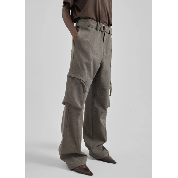 The Frankie Shop Kelly Double Weave Cargo Pants - Taupe Melange - Oversized Minimalist Pants in Beige - Shop at Luxury Shoes 