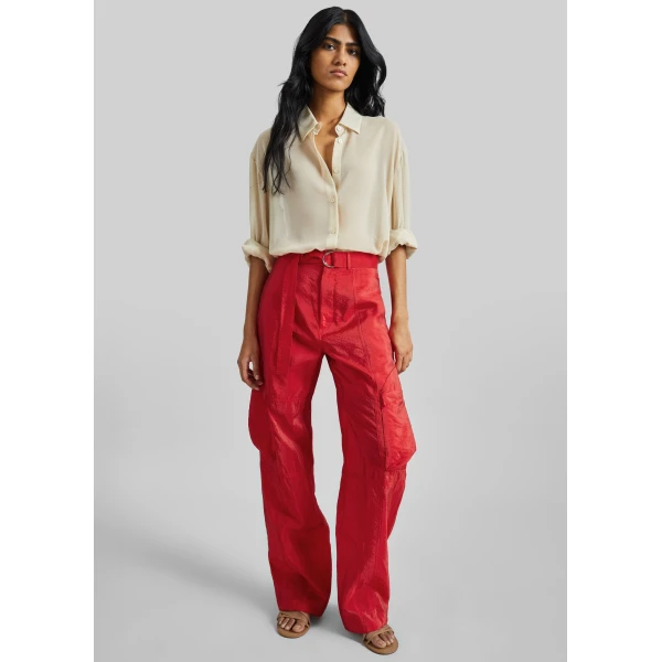The Frankie Shop Kelly Sheer Cargo Pants - Red - Oversized Minimalist Pants in Red - Shop at Luxury Shoes 