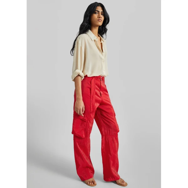 The Frankie Shop Kelly Sheer Cargo Pants - Red - Oversized Minimalist Pants in Red - Shop at Luxury Shoes 