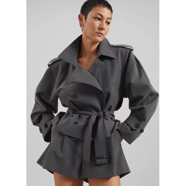 The Frankie Shop Kinsley Cropped Trench Jacket - Grey - Oversized Minimalist Coats in Grey - Shop at Luxury Shoes 