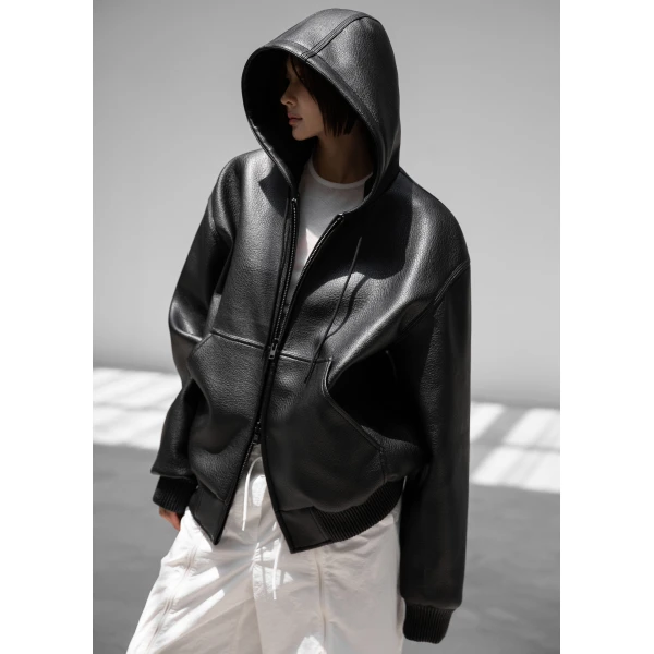 The Frankie Shop Kodai Faux Leather Bomber Jacket - Black - Oversized Minimalist Jackets in Black - Shop at Luxury Shoes 