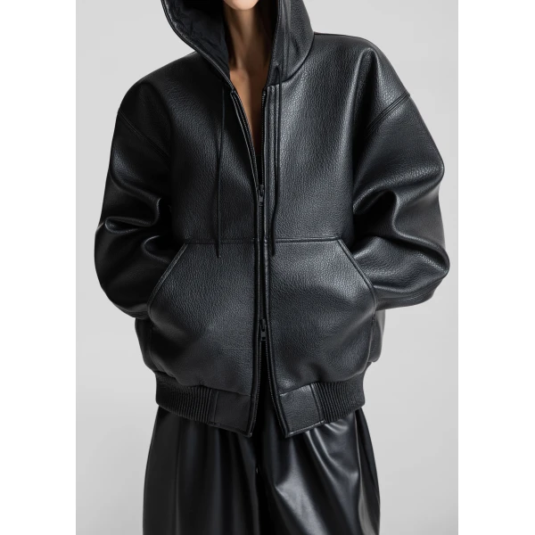 The Frankie Shop Kodai Faux Leather Bomber Jacket - Black - Oversized Minimalist Jackets in Black - Shop at Luxury Shoes 