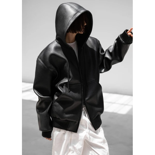 The Frankie Shop Kodai Faux Leather Bomber Jacket - Black - Oversized Minimalist Jackets in Black - Shop at Luxury Shoes 