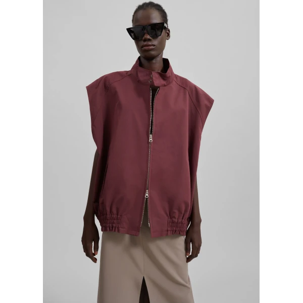 The Frankie Shop Lance Sleeveless Bomber Jacket - Burgundy - Oversized Minimalist Jackets in Red - Shop at Luxury Shoes 