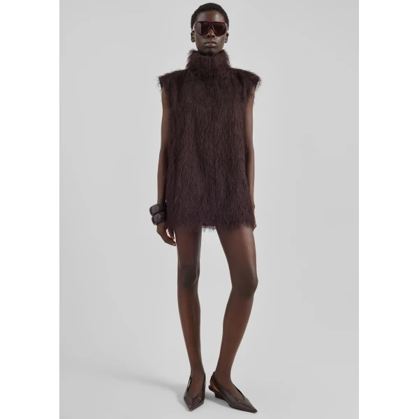 The Frankie Shop Lancy Fringed Funnel Neck Dress - Dark Brown - Oversized Minimalist Dresses in Beige - Shop at Luxury Shoes 
