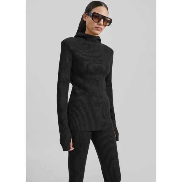 The Frankie Shop Larice Hooded Knit Top - Black - Oversized Minimalist Tops in Black - Shop at Luxury Shoes 